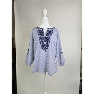 Talbots Womens Blue White Striped Embroidered Split Neck Tunic Top Medium